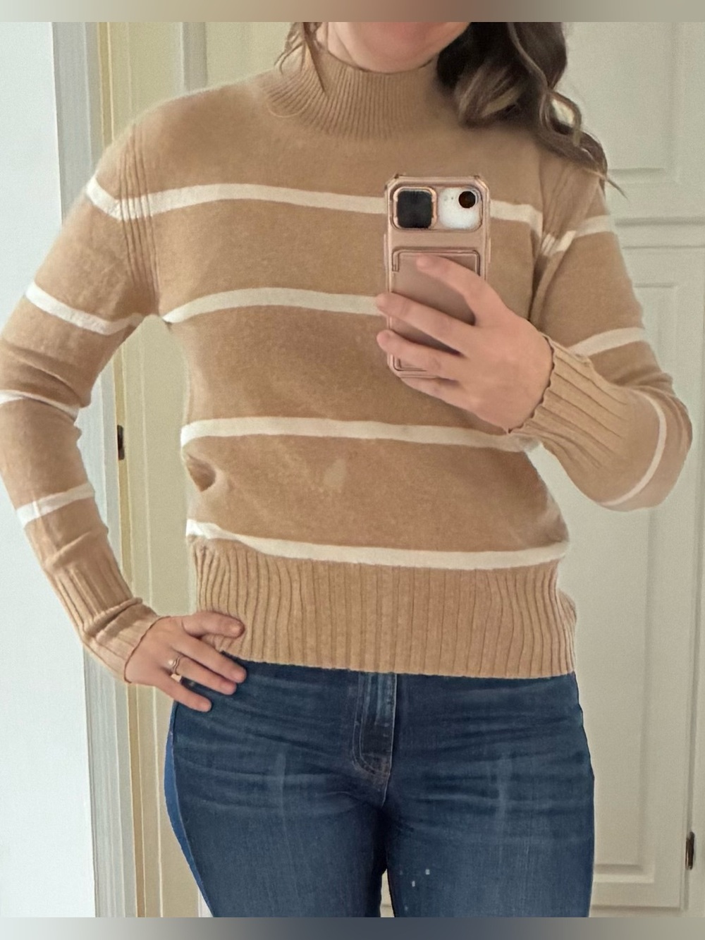 J Crew Cashmere Mock Neck Striped Neutral Beige Preppy Sweater Size M